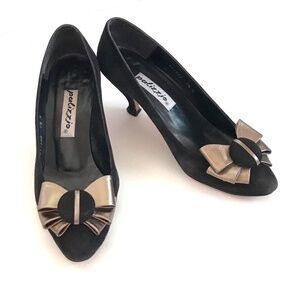 PALIZZIO Vintage Classic Pump Leather Heels Bow Metallic Gold Black Size 7.5